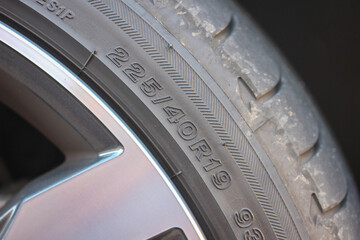 Close up of a tire size 225/40R19