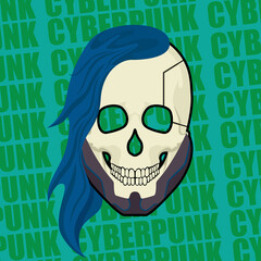Images of a cyberpunk skull with a hairstyle and metal parts. Images for various purposes, games, websites, and more.