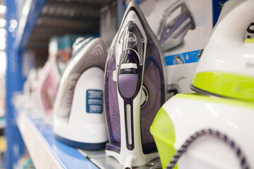 Irons on display in   home appliance store