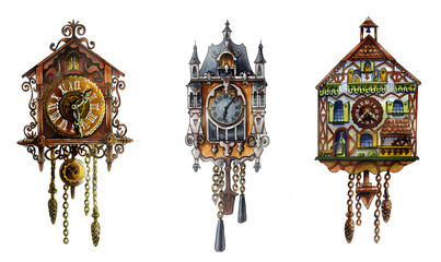 A set of old German cuckoo clocks. A collection of carved retro clocks isolated on a white background. Beautiful watercolor illustration for books and holiday cards. For design and decoration