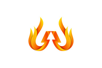 Initial letter W with fire flames logo design combined with upward symbol. Creative lettering design concept use yellow and orange gradient colors.