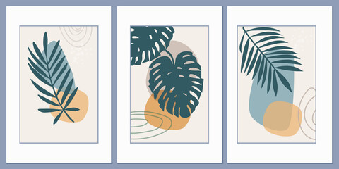 Obraz na płótnie Canvas Set of templates with an abstract composition of simple shapes and tropical palm leaves. Collage style, minimalism. Pastel earthy colors. Vector banners for postcards and covers for social networks