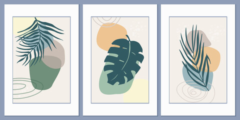 Set of templates with an abstract composition of simple shapes and tropical palm leaves. Collage style, minimalism. Pastel earthy colors. Vector banners for postcards and covers for social networks