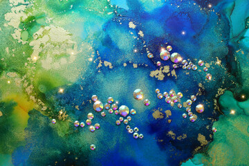 Fototapeta na wymiar art photography of abstract fluid art painting with alcohol ink blue, green, gold colors and crystal rhinestones