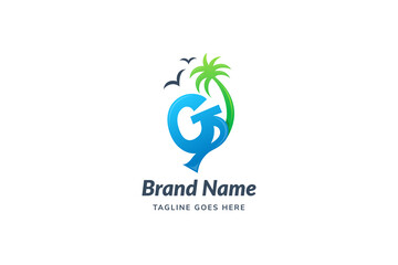 Letter G logo combined with coconut tree and bird icon design vector illustration isolated in white background.
