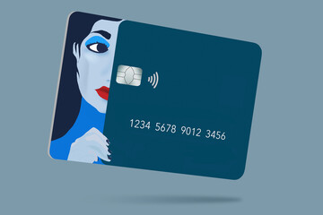 A beautiful girlâ€™s face is part of the design of a generic blue credit card in this 3-D illustration. The theme is about using your card for fashion, cosmetics and anything beauty.