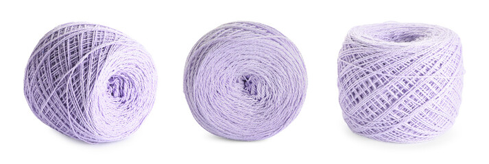 Set with woolen yarns on white background. Banner design