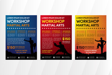 Set of workshop Martial Arts sport vertical flyer. transparency wave circle japan pattern. people illustration in black. red, blue and yellow gradient background combined with yellow text.