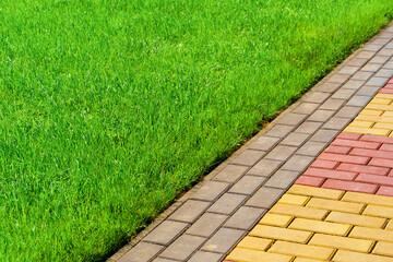 walkway made of paving slabs and green grass as a background, bright sunlight