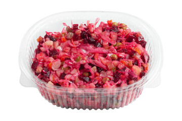 Salad the vinaigrette in a plastic container for sale in the store and for the catalog on an isolated background.