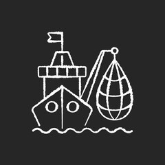 Industrial fishing chalk white icon on black background. Selling fish and fish products. Commercial fishing industry. Overfishing endanger. Efficient catches. Isolated vector chalkboard illustration