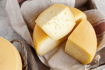 Pieces of  fresh homemade cheese on a tray close up