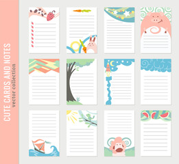 Cards notes. Kids notebook page template. Stickers, labels, tags paper sheet illustration. Set of planners and to do lists with simple animal illustrations - obrazy, fototapety, plakaty