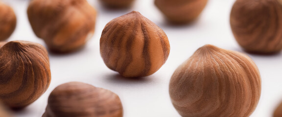 Hazelnuts scattered on a white background, whole, selective focus.
