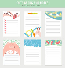 Cards notes. Kids notebook page template. Stickers, labels, tags paper sheet illustration. Set of planners and to do lists with simple animal illustrations