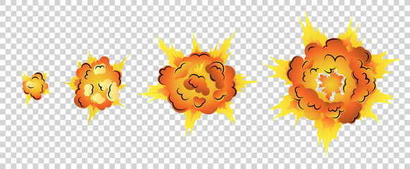 Cartoon explosion animation frames for game. Boom storyboard comics design. Hand drawn illustration. Exploding effect frames