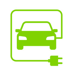 Obraz premium Electric car with plug icon symbol, EV car, Green hybrid vehicles charging point logotype, Eco friendly vehicle concept, Vector illustration