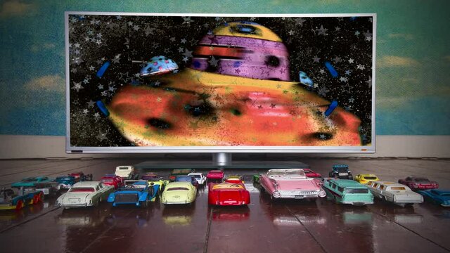 toy cars come to watch a sci-fi film  stop motion 