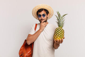 young indian traveler man doubting or uncertain expression