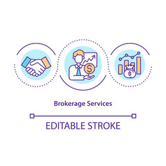 Obraz premium Brokerage services concept icon. Online stock trading advices and tips for beginners. Money investment idea thin line illustration. Vector isolated outline RGB color drawing. Editable stroke