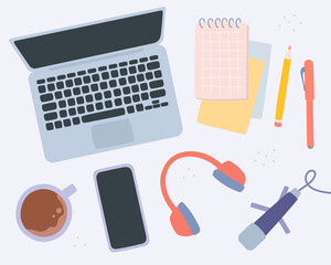 Podcast studio, great design for any purposes. Vector flat illustration with workplace radio host. Onlone audio show. Digital communication. Microphone and laptop. Blogging or music recording concept
