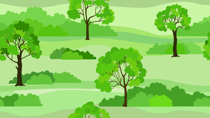 Rural landscape background. Seamless summer nature park skyline view. Garden trees tile pattern