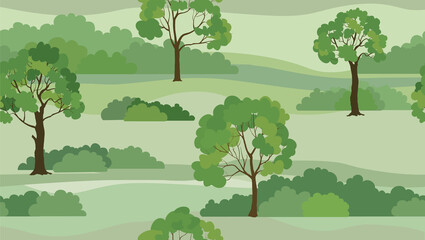 Rural landscape background. Seamless summer nature park skyline view. Garden trees tile pattern