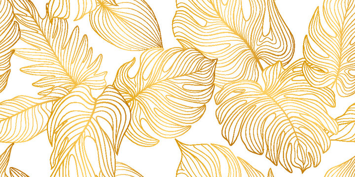 Floral seamless pattern with tropical leaves and flowers. Nature lush background. Flourish garden texture with line art leaves