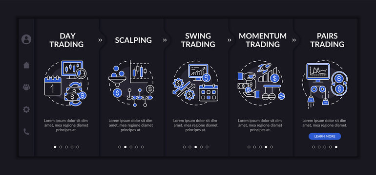 Stockbroking strategies onboarding vector template. Responsive mobile website with icons. Web page walkthrough 5 step screens. Day, swing, scalping trading night mode concept with linear illustrations