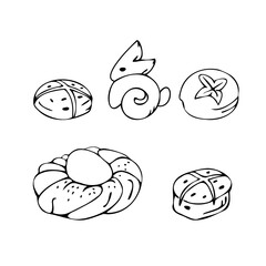 Set of Easter buns. Simple cartoon line art. Isolated vector illustration.