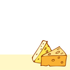 Two tasty pieces of cheese of different sizes with large holes. Doodle vector illustration, simple cartoon line art. Logo, emblem, sign, icon.
