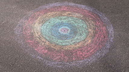 Círculos concéntricos de colores pintados con tiza en suelo de cemento