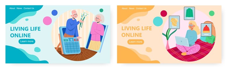 Life life online. Landing page design, website banner vector template set. Happy people shopping, dating online.