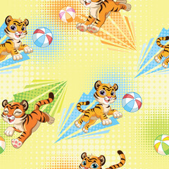Seamless pattern with cute tigers and balls