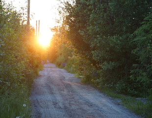 The dirt road is brightly lit by the setting sun