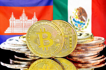 Concept for investors in cryptocurrency and Blockchain technology in the Algeria and Mexico. Bitcoins on the background of the flag Algeria and Mexico