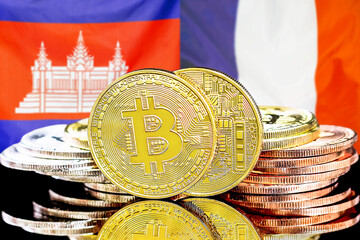 Concept for investors in cryptocurrency and Blockchain technology in the Algeria and France. Bitcoins on the background of the flag Algeria and France