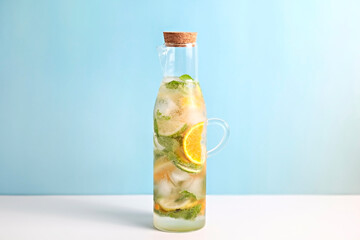 Classic lemon and orange lemonade with mint leaves in a pitcher. Virgin mojito, non alcoholic cocktail with ice in vintage bottle with handle and cork. Sky blue wall background. Copy space, close up.