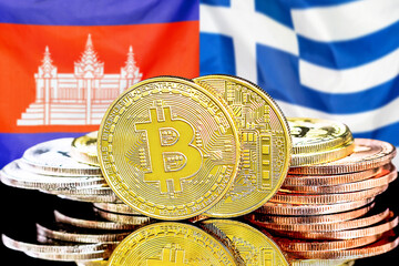 Concept for investors in cryptocurrency and Blockchain technology in the Algeria and Greece. Bitcoins on the background of the flag Algeria and Greece