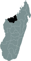 Black highlighted location map of the Malagasy Boeny region inside gray map of the Republic of Madagascar