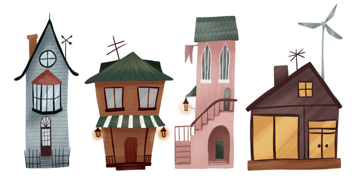 Illustration set of cute little houses. Set of 4 houses.