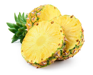 Pineapple slices isolate on white. Pineapple ring. Cut pineapple with leaves. Full depth of field.