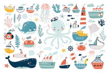 Marine animals set. Undersea world inhabitants. Оctopus, whale, fish, crab, sea transport. Vector - 423972927