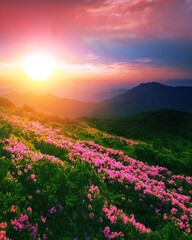 vertical summer sunrise landscape in Europe, stunning view on blossom pink flowers,, wonderful dawn sunlight, scenic floral nature image, Europe, Carpathians, border Ukraine - Romania, Marmarosy