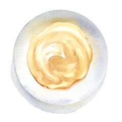 Bowl of mayonnaise swirl, sour cream on white plate, top view, close-up, food concept, isolated, hand drawn watercolor illustration on white - 423974316