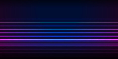 Blue and ultraviolet neon laser lines with reflection. Abstract rays technology retro background. Futuristic glowing vector minimal design