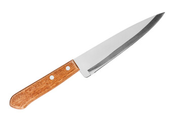 Steel knife with brown wooden handle on white background isolated close up, big chef knife, sharp stainless blade, silver metal butcher knife, kitchen utensil, cutting tool, dangerous weapon