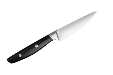 Steel paring knife with black plastic handle on white background isolated closeup, metal chef knife, sharp stainless blade, carving knife, cooking food, kitchen utensil, cutting tool, dangerous weapon