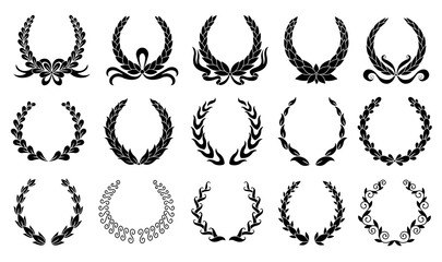 Laurel wreath. Collection of different black circular laurel, olive, wheat wreaths depicting an award, achievement, heraldry, nobility.  premium insignia, traditional victory symbol