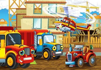 Naklejka premium cartoon scene construction site cars vehicles helicopter